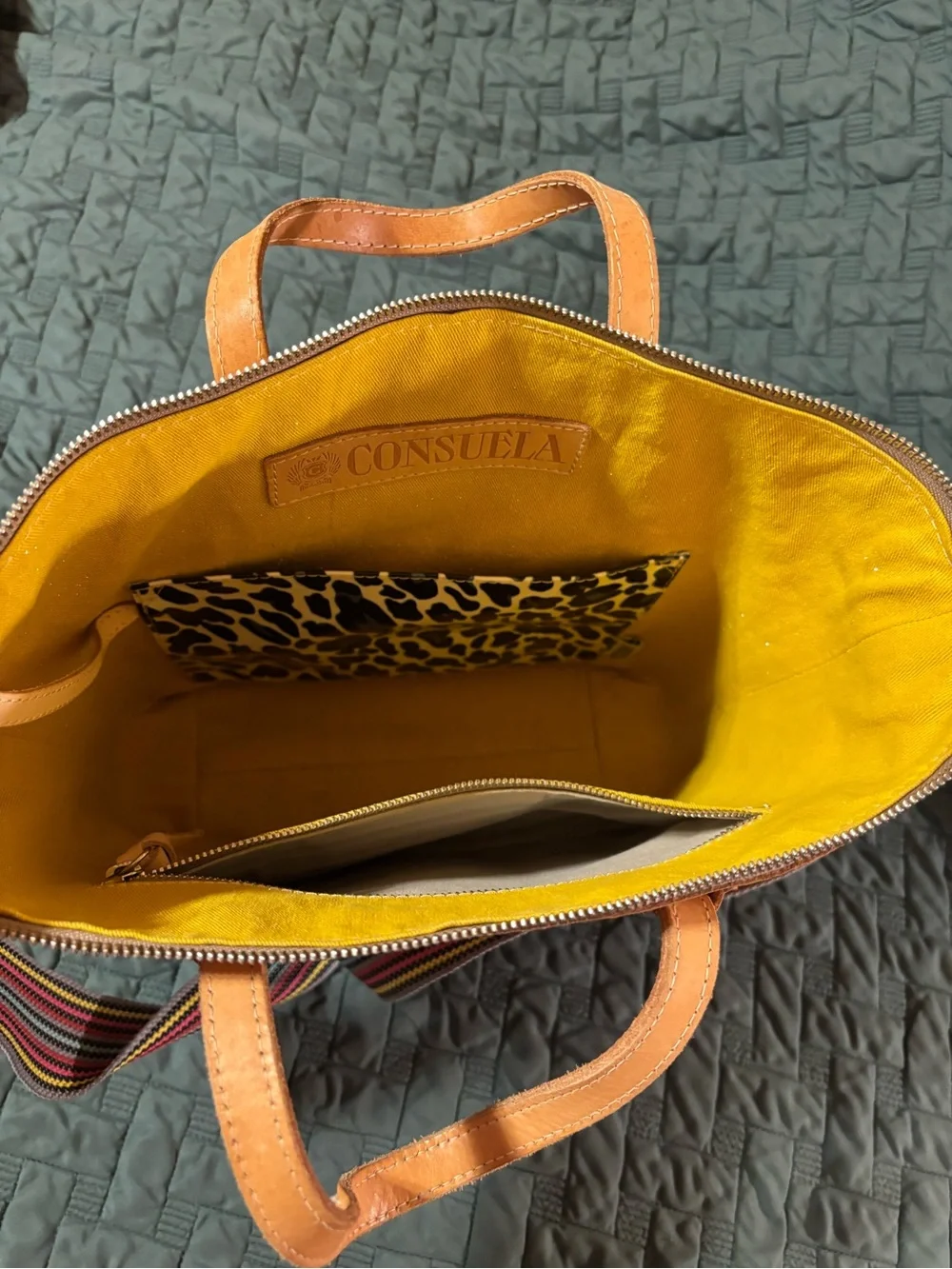 Consuela Diego Sling Tan Leather Backpack with Multicolor Striped Strap